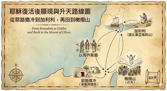 耶穌復活後40天顯現路線與最後升天