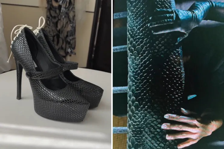 ▲ Jenna Ortega 身穿 Vivienne Ｗestwood 2009 年禮服，和 Steve Madden 的訂製蛇皮瑪麗珍高跟鞋，以其形象演繹沙蟲一角。圖片來源：INS @mrenriquemelendez