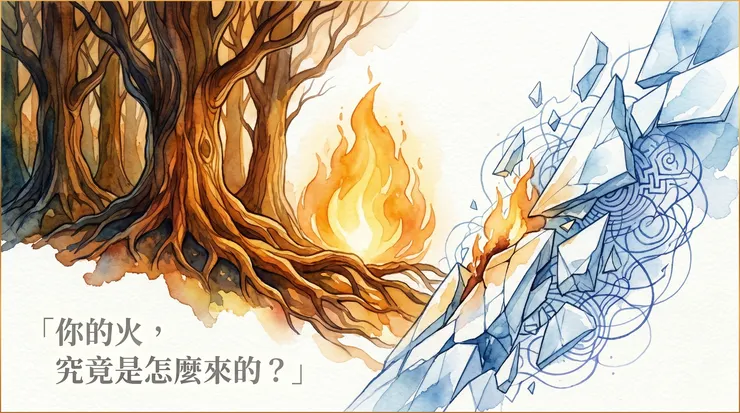 圖說：當價值感只依附在外在表現（右側易碎的冰柱），而非內在的自我認同（左側深根的樹林），火就注定會燒得很焦慮。這在心理學上稱為「價值條件化」。