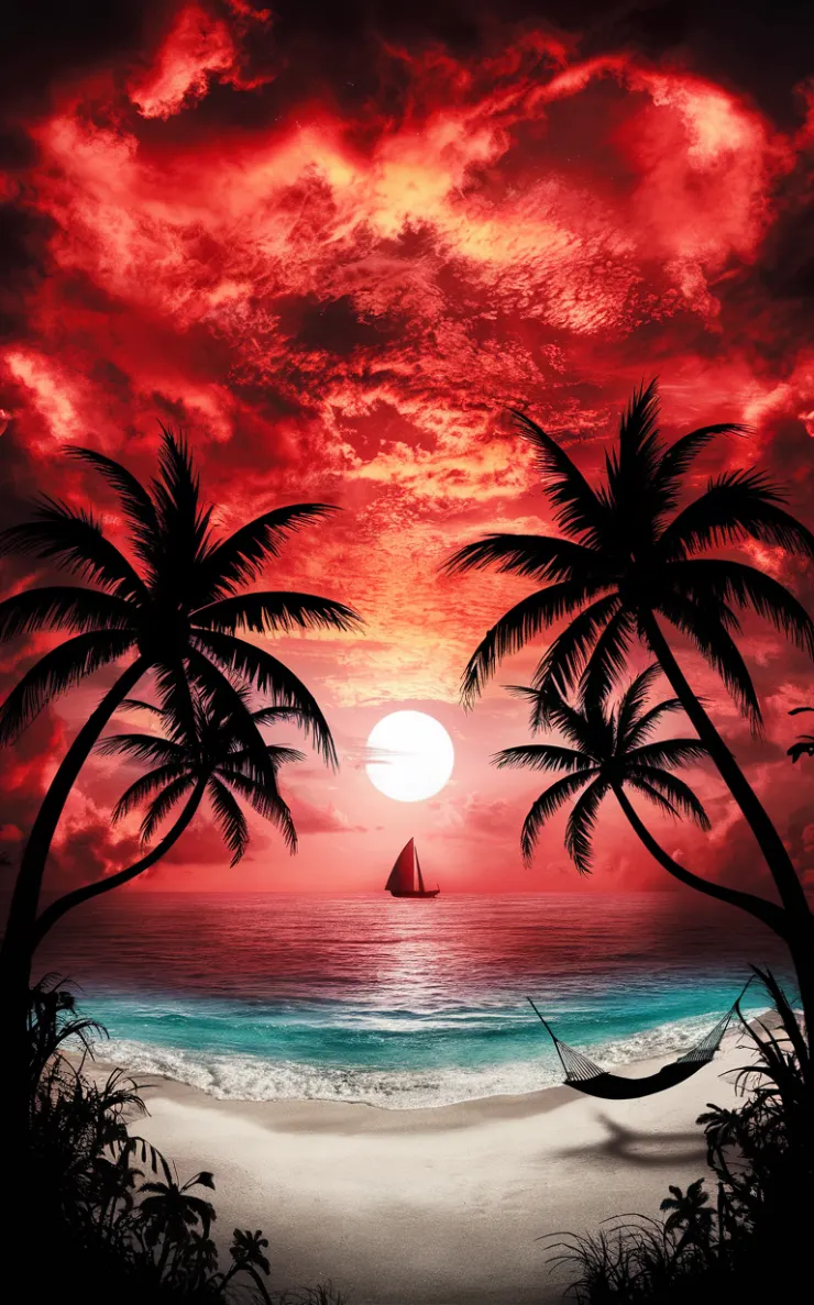 A captivating silhouette of a serene Caribbean beach at sunset, with the sky ablaze in a stunning palette of reds, pinks, and golds. The magical glow envelops the pristine, white sandy beach, framed by graceful palm trees swaying gently in the breeze. A lone sailboat cuts through the calm, shimmering waters on the horizon, while a hammock sways invitingly between two palm trees, promising moments of perfect relaxation. The soft sounds of waves lapping against the shore and the distant call of seagulls create a picture-perfect paradise.