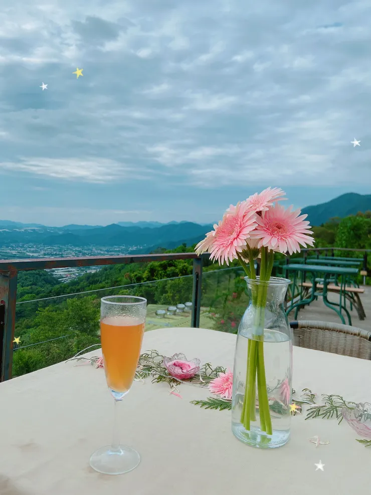 坐在充滿粉紅泡泡的餐桌上 看著山巒疊翠的山脈