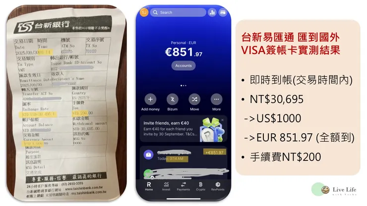 台新易匯通到簽帳VISA卡實測結果