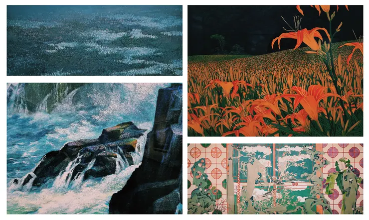 (左上)李貞慧，《月影》；(左下)劉耕谷， 《鼻頭角夜濤》；(右上)洪江波，《金針花》；(右下)袁旃，《凝雲》（photo:自己拍攝）