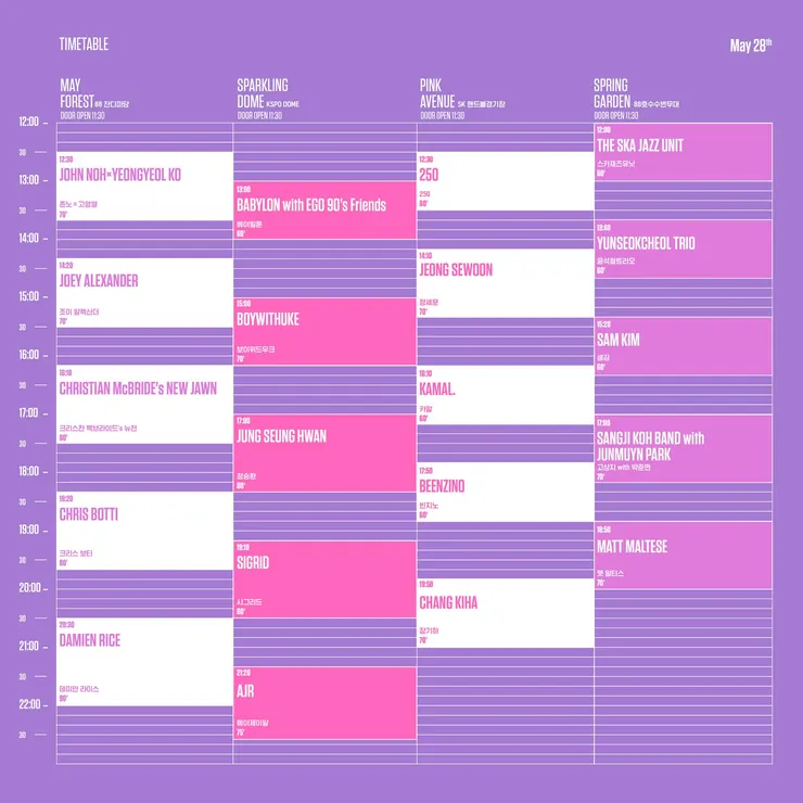 The 15th Seoul Jazz Festival 2023 5/28 TIMETABLE。圖片來源：Facebook