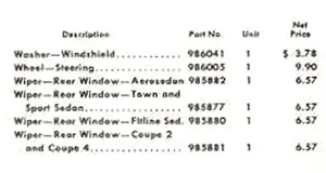 1947 年雪佛蘭配件價格清單（部分內容） 這份 1947 年雪佛蘭經銷商安裝配件的價格清單中，包含四種不同版本的後雨刷，分別適用於不同車身款式。