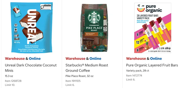 椰子黑巧克力一口棒 $9.29、星巴克派克中烘焙咖啡 $13.99、有機分層水果棒 $11.99。