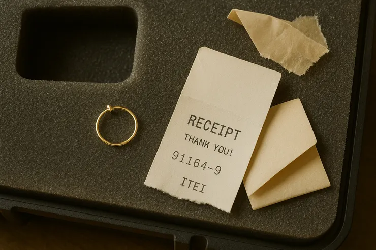 泡棉空槽、單顆耳環、三折腳本、錯字收據並排；旁邊一支未開封的封箱膠。