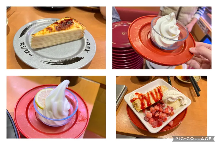 甜點們，左上焦糖千層、左下檸檬霜淇淋、右上原味霜淇淋、右下草莓千層。兩個千層蛋糕都我吃掉的，靠它們熱量才能破千🤣。