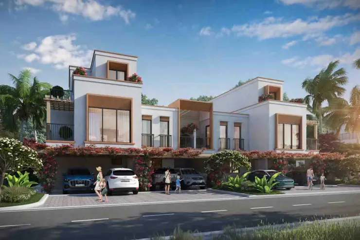 DAMAC Lagoons的低密度精品別墅採地中海的歐式風格，純白外牆配搭典雅紅磚，環抱湛藍水晶湖世界級設計。四房面積為2,286平方英尺，五房面積為3,388平方英尺。（圖/碩盛國際不動產提供）