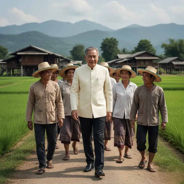 AI示意圖：蒲美蓬·阿杜德與農民(來源：AI生成圖)