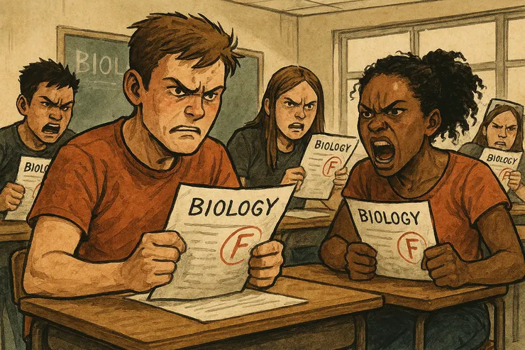 其實學生們沒有圖中考得那麼爛啦!但倒是一樣的「怒」!😆😆 (小昕咒語Copilot繪圖)