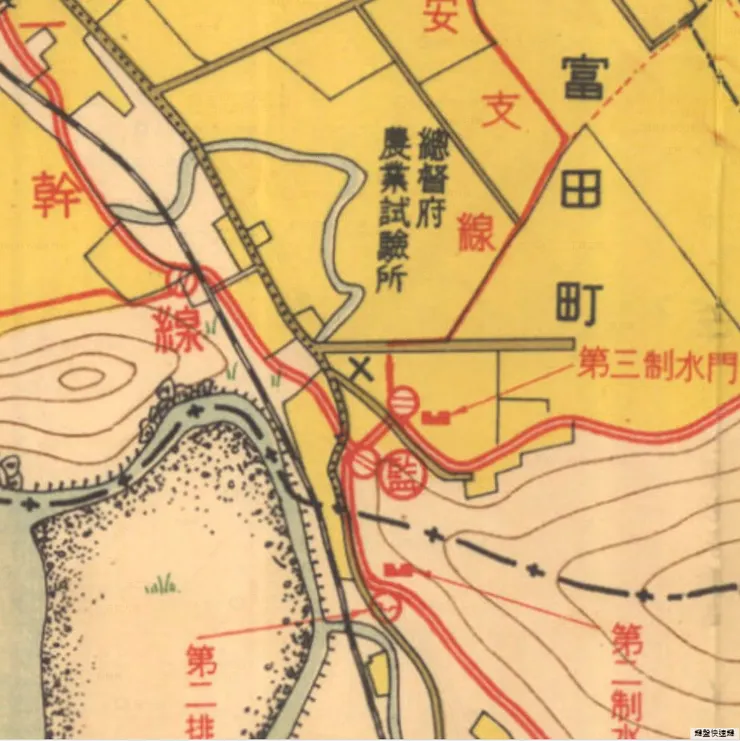 1939年瑠公水利組合圖,可見瑠公圳第二幹線繞行龜山,紅色部分則是改道後的圳路