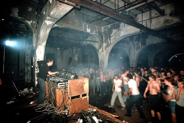 非法派對現場（DIY 與 原始能量）： 一個顯然不是夜店的地方（如廢棄工廠或公寓）。設備非常簡陋（發電機、幾盞閃爍的燈、堆疊的板條箱當 DJ 台），但氣氛狂熱。強調那種「臨時搭建」的粗糙感。