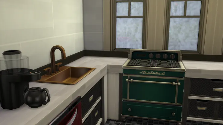 雖然以黑白灰為主色,但配以經典的綠色火爐和紅色的洗碗機,是時尚與復古相遇。