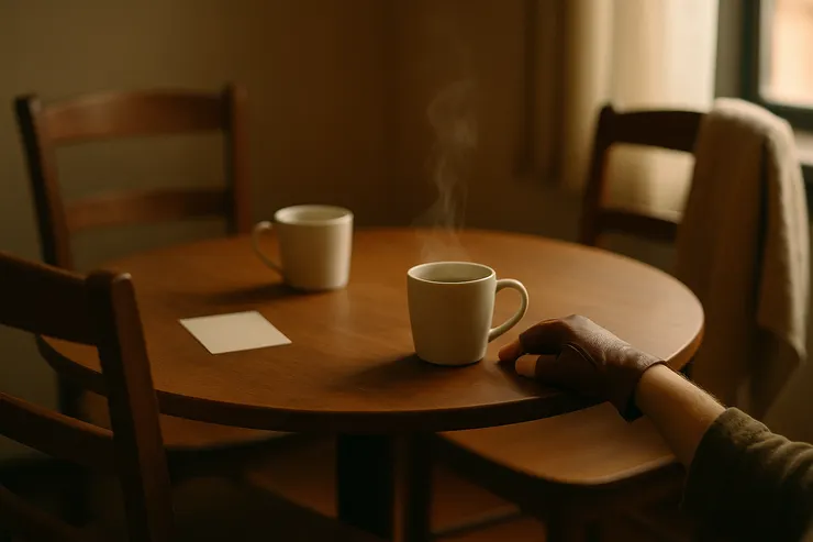 對角兩椅；桌心一只白杯冒淡霧，手套退半指放於側，披肩疊在第三椅。