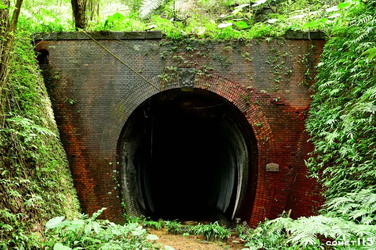 第二四腳亭隧道的外觀完整，磚紅色在森林中特別顯眼