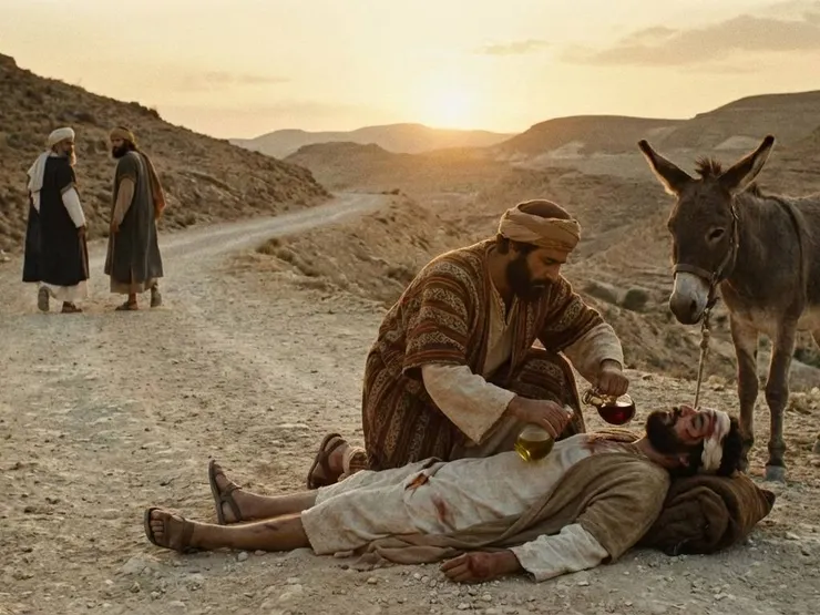 在「好撒瑪利亞人」的比喻中，耶穌表明「愛」是一種憐憫心腸，也是承受永生的先決條件。（圖/Gemini Nano Banana）