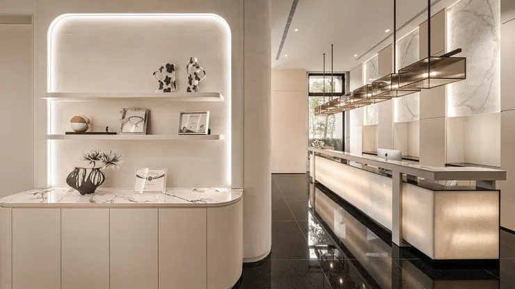 作品呈現：悅真醫美，奶茶色搭配不同的元素及燈光氛圍，也能做出很有法式優雅氣質的感受。點我觀看完整作品