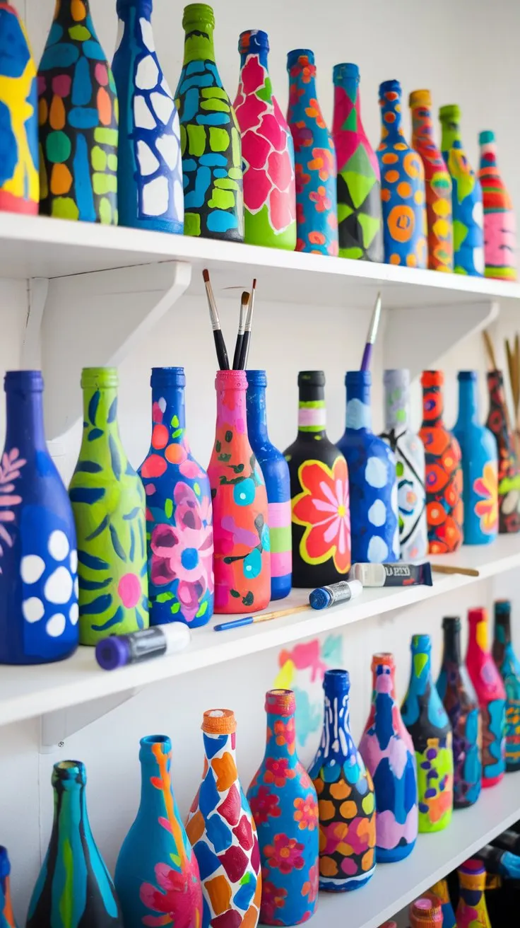 Bright, cheerful, colorful painted wine bottle vases on a white shelf.  Assorted wine bottles in various shapes and sizes, painted with different abstract patterns, floral designs, and geometric shapes in vibrant acrylic paints