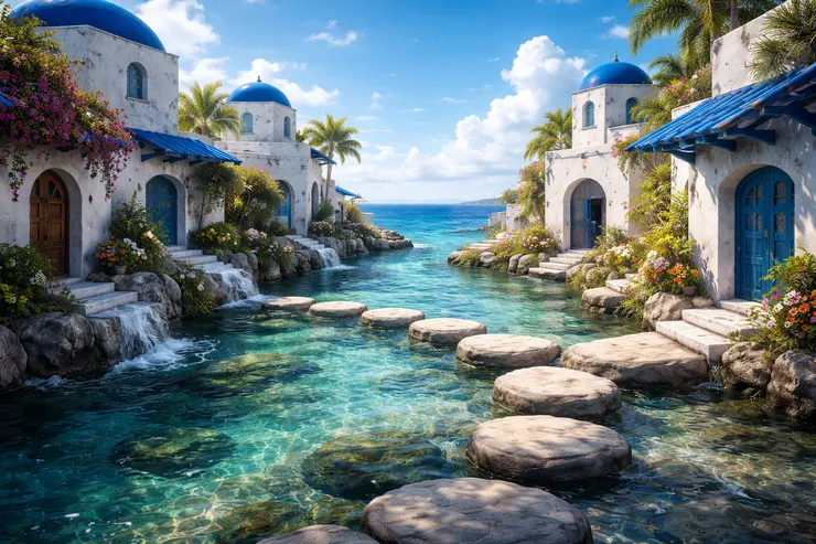 夢中感覺跳石與建築物是更高的，但這個畫面我也很喜歡 - AI