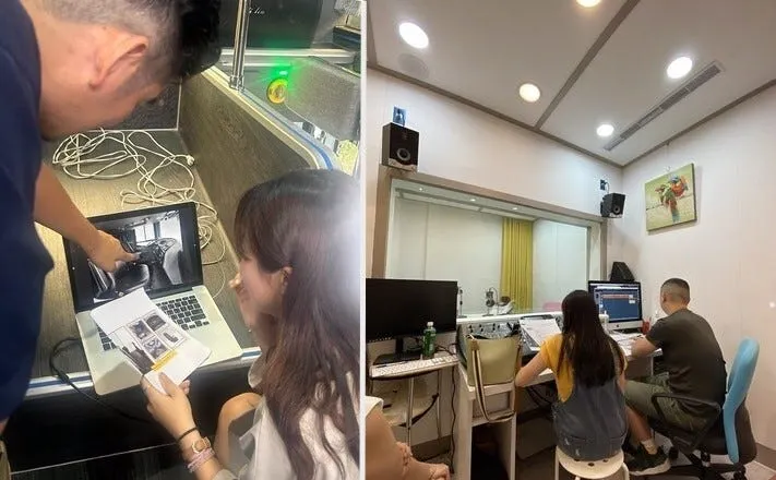 左圖：至彰化和泰車體觀摩大車型錄拍攝，謝謝主管還幫我set場景🤣；右圖：觀摩廣播錄音。之前的會議學到廣播會如何投放、內容多長，實際在此可以聽見成果並回饋，進行現場調整。