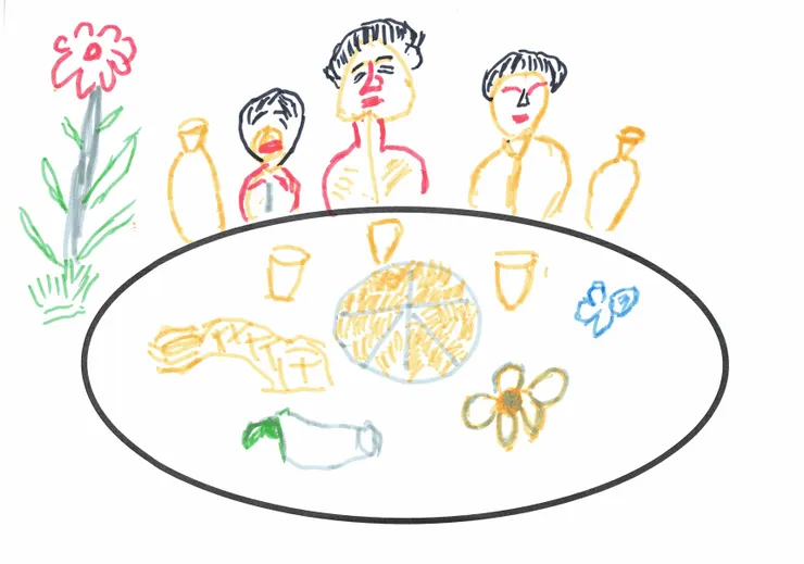 奶奶畫下陪她過節的家人，想吃豬腳配蛋糕，還有要買汽水給孫子喝