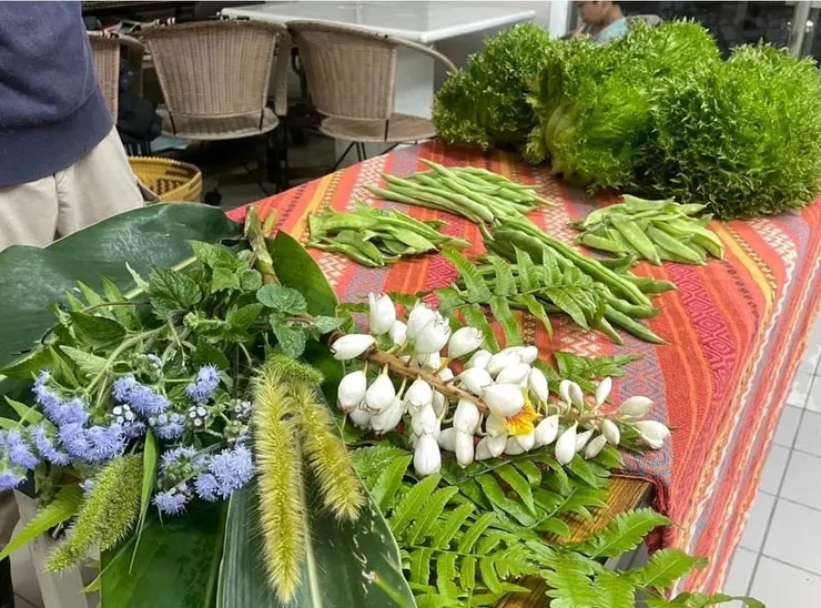 鋪著棉麻古樸花布的桌上的萵苣如綠火焰一樣，大大的充滿生命力地燃燒著，還有少少幾堆的豆子，為數不多的菜蔬，被整齊擺放在桌上，一端的桌側用心的如平面插花一樣鋪著我愛的田野小花小草，以及一串令我眼睛亮起來的美麗月桃～感覺那桌上的每一花草菜蔬都被溫柔的細心呵護著...