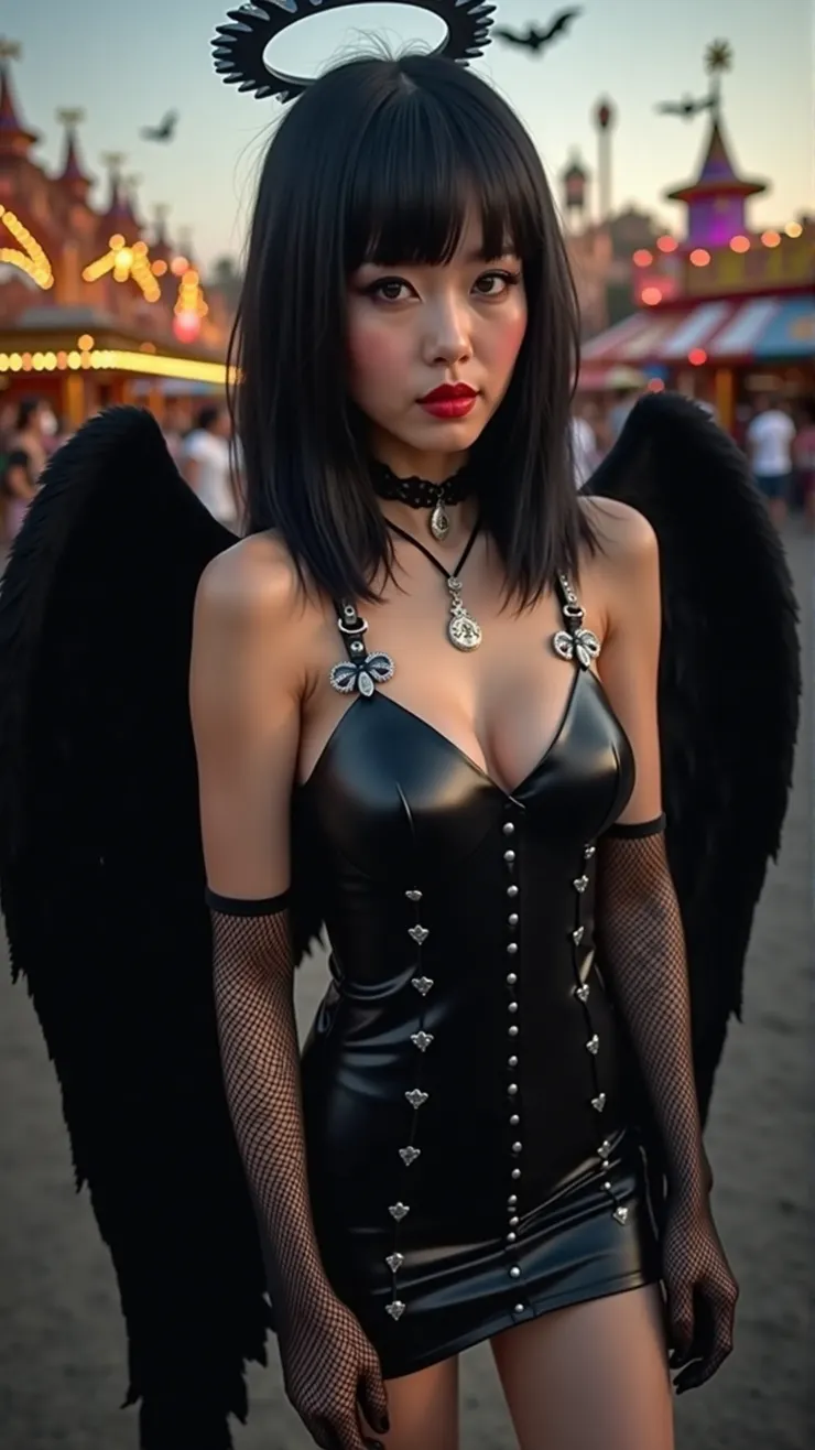Dark angel wings, black leather mini dress, silver halo, fishnet gloves, The background is an amusement park celebrating Halloween.