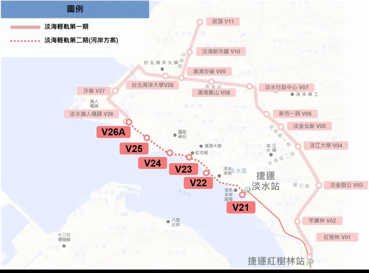 淡海輕軌第一期+第二期路線圖
