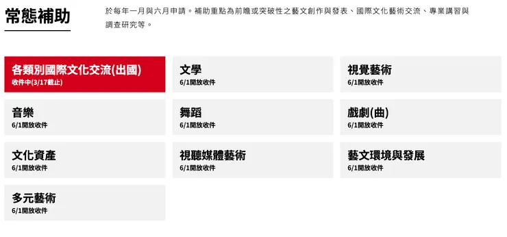 國藝會的補助分成這些大類，但其實還有更多沒有被分類到的。