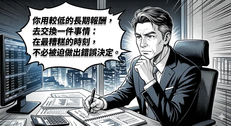 你用較低的長期報酬,去交換一件事情: 在最糟糕的時刻,不必被迫做出錯誤決定。