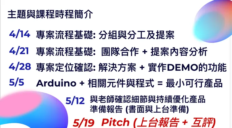 每堂課的目標與內容，會在第一次上課跟學生清楚展示。好比在大學修課的 Syllabus，讓學生對教學內容也有一致的認知。