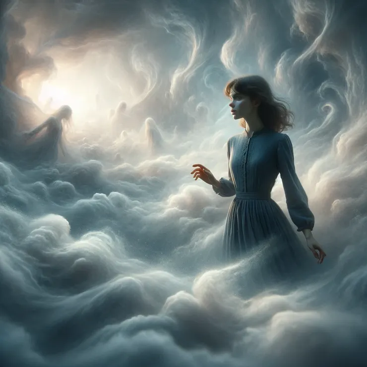 Jane in a misty, ethereal landscape.