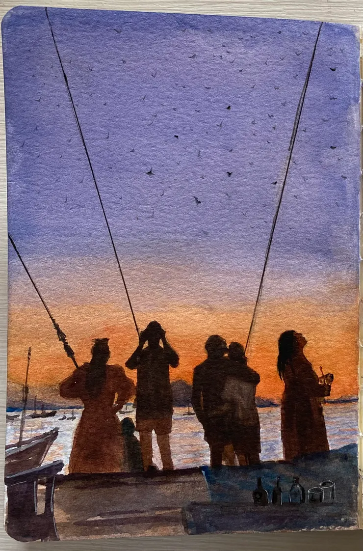 在船上看蝙蝠飛過天際，好壯觀。