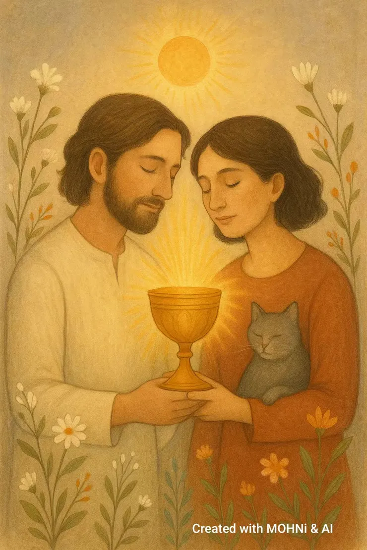 AI又少放了一個杯子，但不減我對這張圖的喜愛。兩人共握一個聖杯，更突顯心靈的親密。