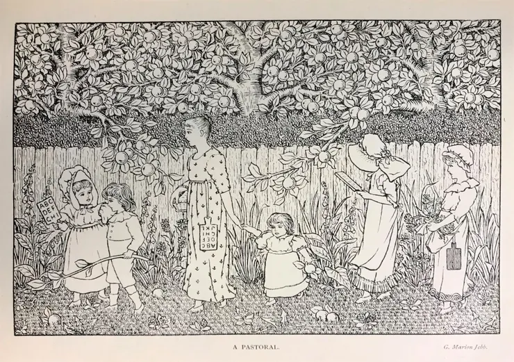  繫在腰間的角帖書。 圖片來源：《A Pastoral》by G. Marion Jebb 