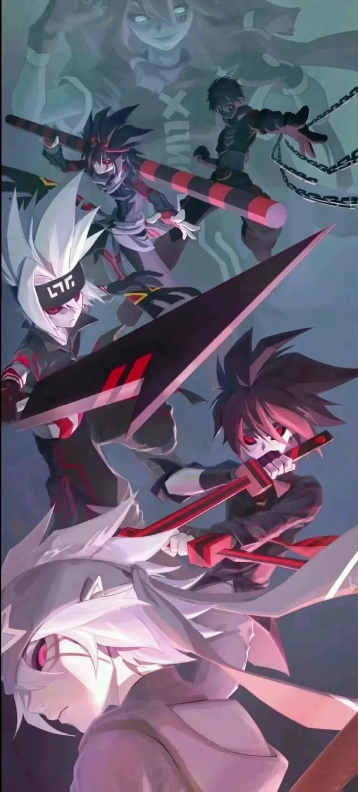 黑化版影五，上至下：銀爵、嘉德羅斯、格瑞、安迷修、雷獅 (背景：帕洛斯)