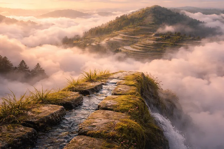 遠處雲海被陽光染成粉橘色，腳下的石階有流水通過。-AI