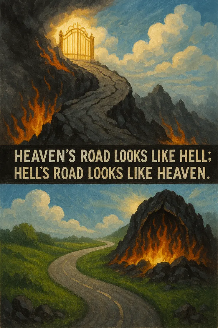 通往天堂的路看起來都像地獄,通往地獄的路看起來都像天堂。 (小昕咒語Copilot繪圖)