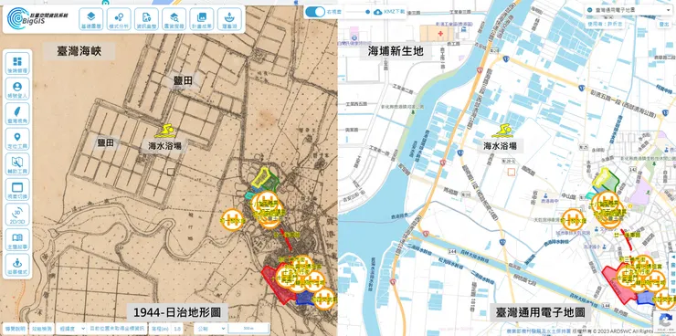 舊時海水浴場與鹿港市區相對位置分布圖(左：1944年日治地形圖；右：臺灣通用電子地圖)