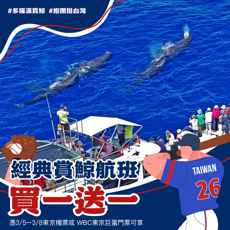 憑東京巨蛋門票來花蓮　  3/31前　賞鯨、龍蝦、住宿買一送一