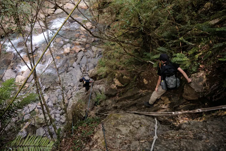 上攀後再拉一段繩往下回到溪底。溪旁的拉繩路段都算好走，但靠近水的關係需留意溼滑