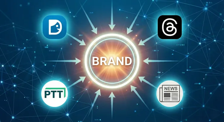 呈現論壇對話氣泡與 AI 機器人互相連結、過濾雜訊的意象