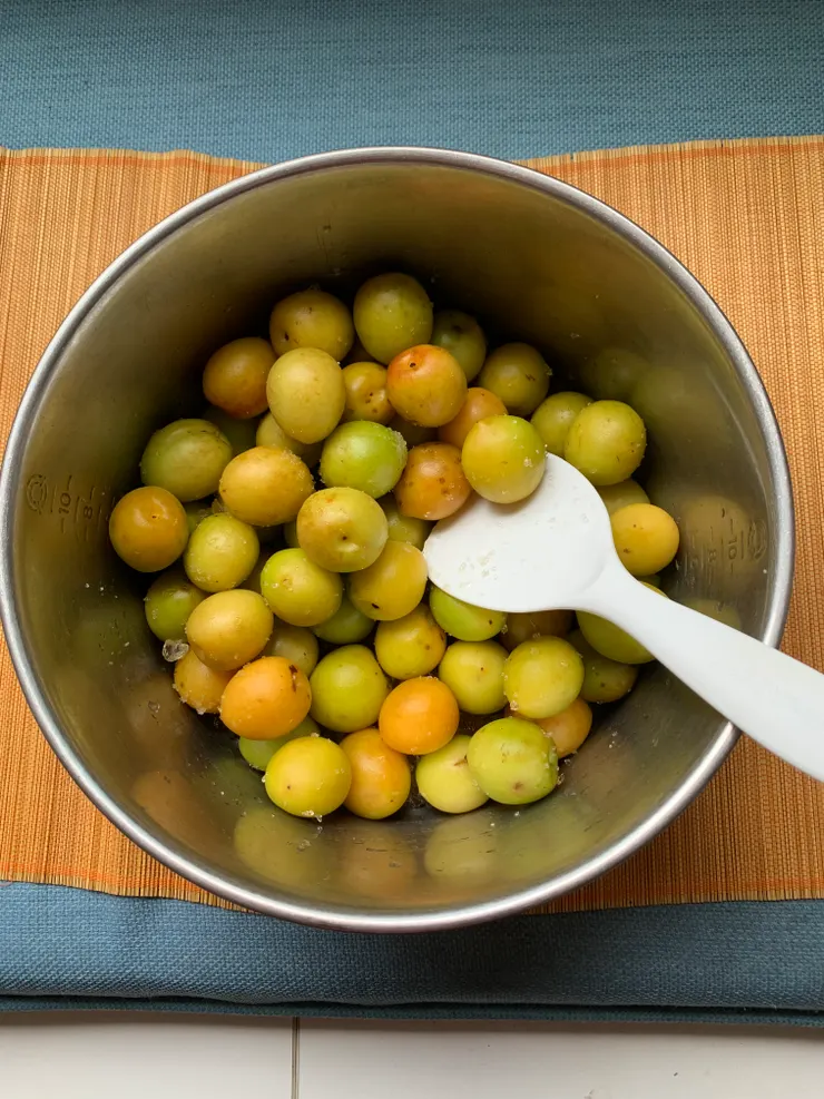 曬太陽的部份梅子跟冰糖（因爲10人份電鍋最多裝3斤較好翻動）