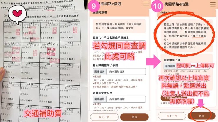 我沒有申請交通補助費唷，若自費早療費用已超過補助金額上限，交通費申請可略