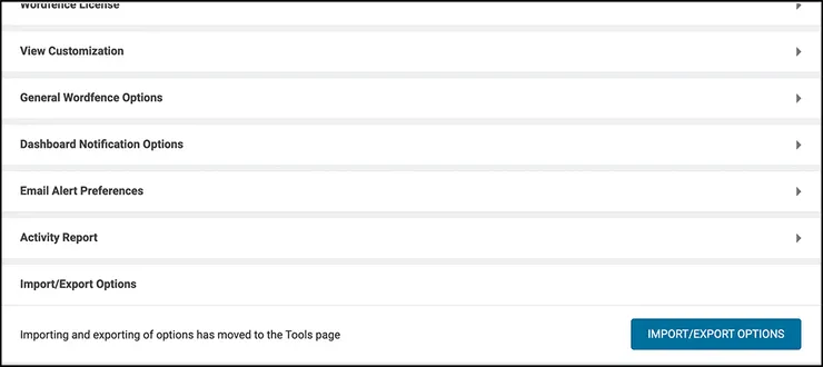 設定項目分門別類，點按會帶出子選單。圖取自https://www.greengeeks.com/tutorials/how-to-setup-wordfence-security-plugin-in-wordpress/
