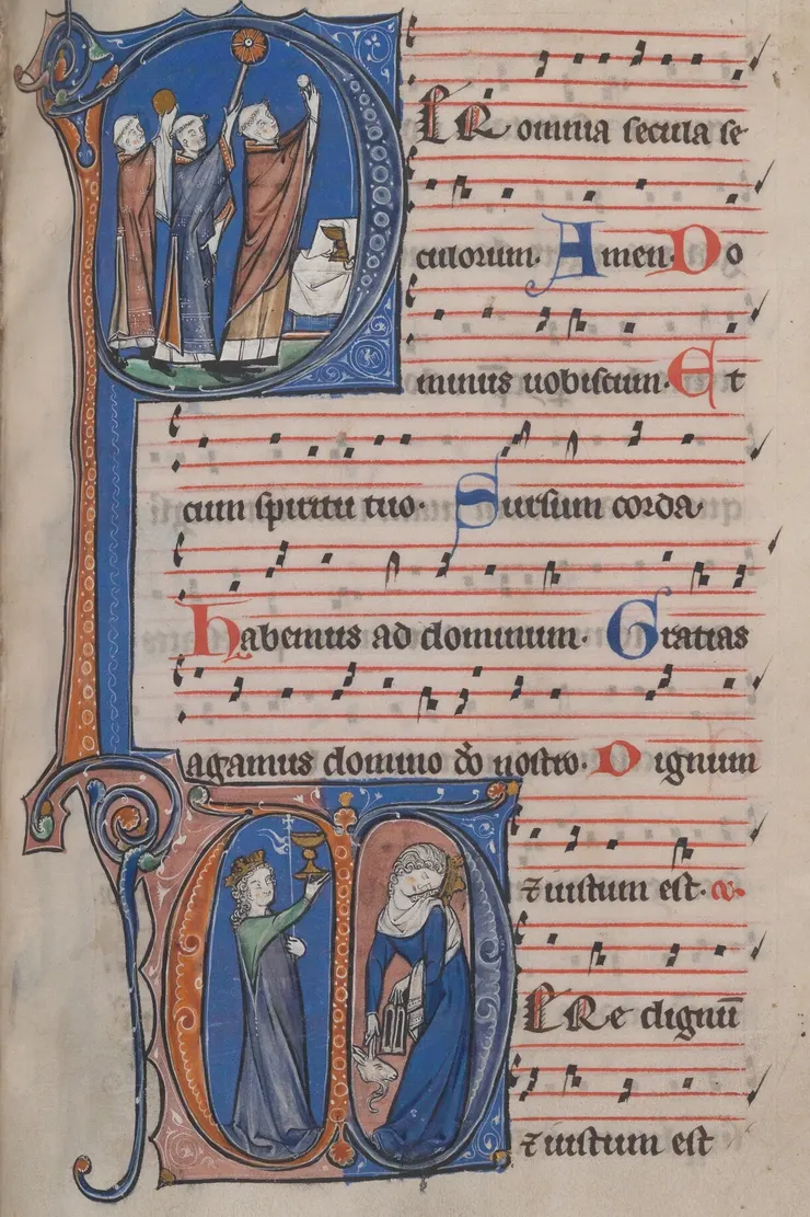 （這是一本典藏於根特大學圖書館的十三世紀的彌撒經本, Missal of the Sint-Pieters Abbey。內容是頌謝詞的前導，也就是：「請舉心向上。我們全心歸向上主」的部分。左上角的大P那裡可以看到彌撒舉行的圖畫。雖然已經過了七百多年，但是這個曲調在今天的彌撒當中還是一模一樣）