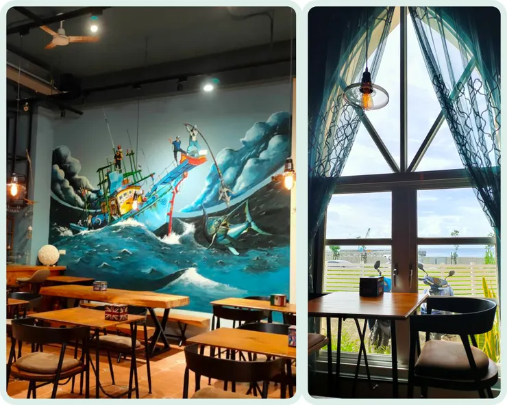大廳牆面的大幅海景畫，讓人彷彿置身海邊用餐。