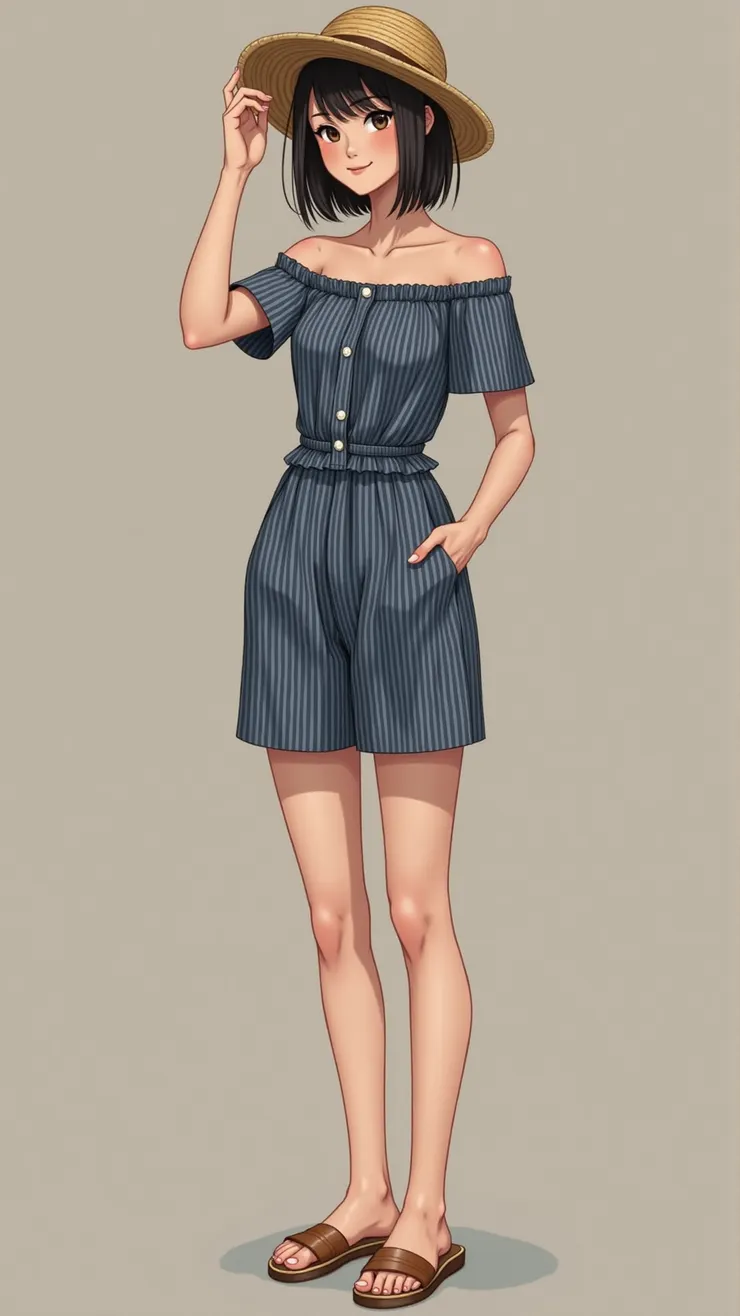 Off-shoulder romper, straw hat, espadrilles( 露肩連身短褲，草帽，麻底鞋 )
