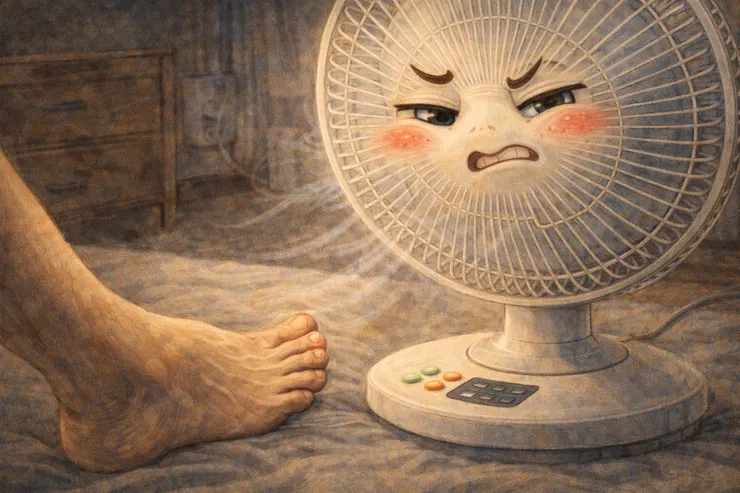 梁练伟用脚趾按下落地扇按钮，风扇露出被冒犯的表情，像在无声抗议这种不被尊重的操作